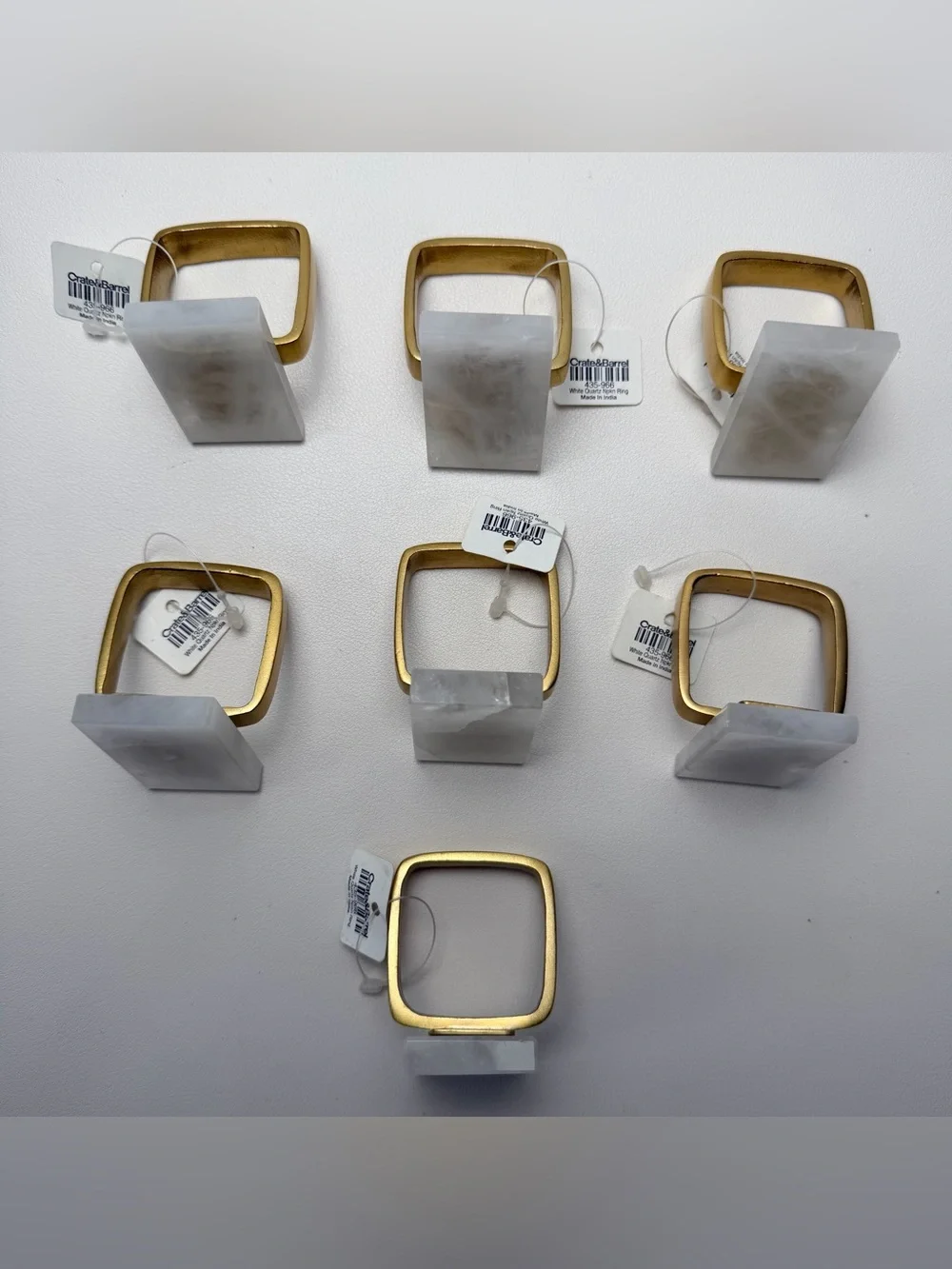 Crate & Barrel White Quartz Marble Gold Napkin Ring s 7pcs set Table Setting